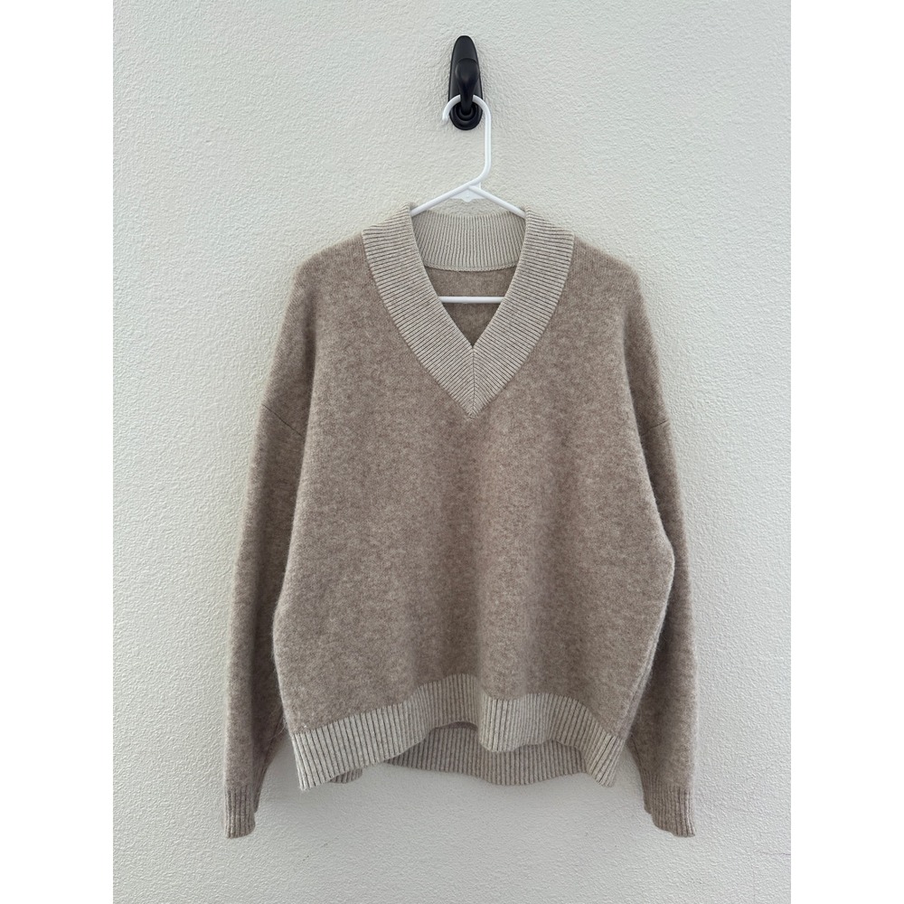 Lululemon V-Neck Sweater Tan Alpaca Merino Wool Blend Relaxed Fit Cozy Fall S